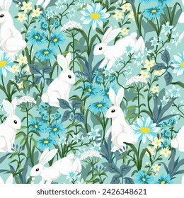 Seamless pattern with cute white rabbits and flowers. Vector