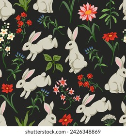 Seamless pattern with cute white rabbits and flowers. Vector