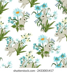 Seamless pattern with cute white rabbits and flowers. Vector