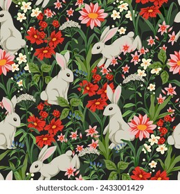 Seamless pattern with cute white rabbits and flowers. Vector