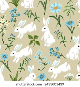 Seamless pattern with cute white rabbits and flowers. Vector