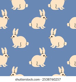 Seamless pattern of cute white rabbits on a blue background. Hand drawn bunny, print design hare background. Design for kids in vector.