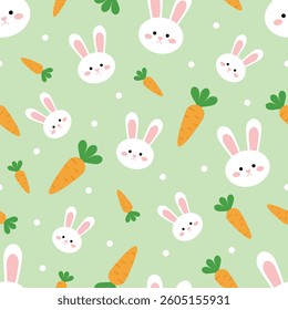 Seamless pattern with cute white rabbits and orange carrots