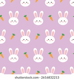 Seamless pattern with cute white rabbits and orange carrots on a light purple background