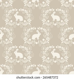 Seamless pattern with cute white rabbits. Vector illustration. 