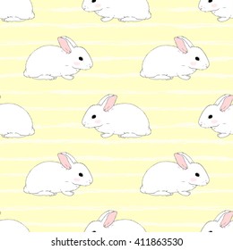 Seamless pattern with cute white rabbits on striped background. Vector illustration
