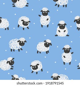 Seamless pattern with cute white sheep on blue. Vector kids background with little lambs.