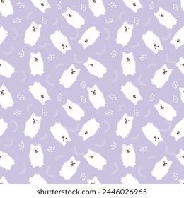 Seamless pattern with a cute white Spitz or Samoyed dog in a cartoon style.