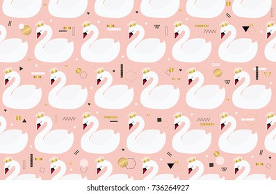 Seamless pattern with cute white swans. All elements are  hidden under mask. Pattern are not cropped and can be edited. Birds.