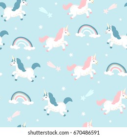 Seamless pattern with cute white unicorns, rainbow, falling stars. Magic background with baby unicorns flying in the blue sky. Adorable wallpaper in the childish style. Vector