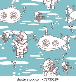 Seamless pattern with cute white vintage submarines, jellyfishes and divers on blue background, vector illustration