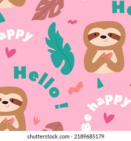Seamless pattern with cute wild african  sloth animals for kids. Suitable for design kid textile, wrapping paper, background. Animals zoo with sloth and hello text. Pink background.