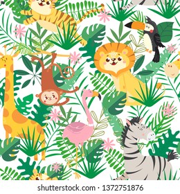 Seamless pattern with cute wild animal in jungle. Tropical pattern with lion, tiger,  monkey, zebra, toucan and giraffe. Vector illustration