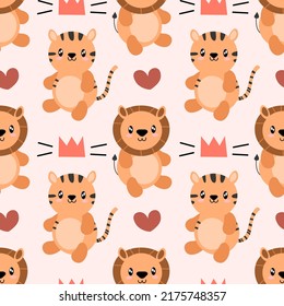 Seamless pattern with cute wild animal. Tiger and lion. African safari. Vector illustration Scandinavian style flat design. Concept for kids, textile print, poster, card EPS