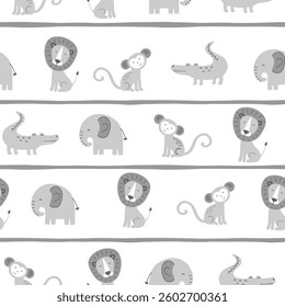 Seamless pattern with cute wild animal. Grey color and striped