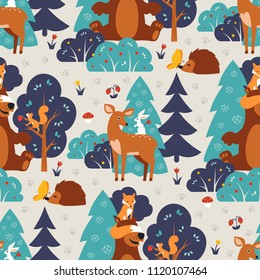 Seamless pattern with cute wild animals in blue forest. Fox, squirrel, bear, hare, deer, hedgehog, butterfly.
