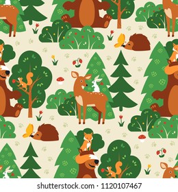 Seamless pattern with cute wild animals in green forest. Fox, squirrel, bear, hare, deer, hedgehog, butterfly