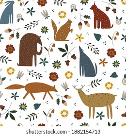Seamless pattern with cute wild animals and floral elements in doodle scandinavian style. Vector hand drawn children illustration for decor, design, textiles, wallpaper.
