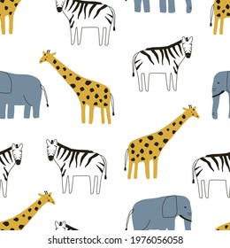 Seamless pattern with cute wild animals giraffe, zebra and elephant on white background. Vector illustration for printing on fabric, packaging paper, postcard, poster. Cute baby background