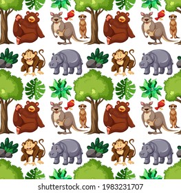 Seamless pattern with cute wild animals and nature elements illustration