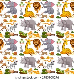 Seamless pattern with cute wild animals cartoon character on white background illustration