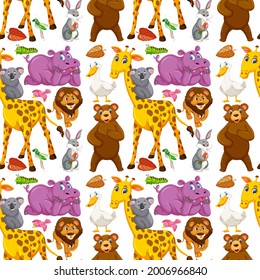 Seamless pattern with cute wild animals on white background illustration