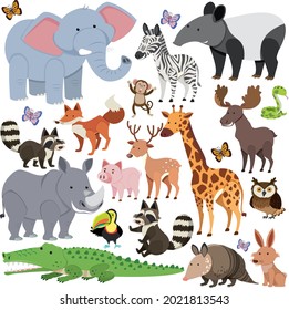 Seamless pattern with cute wild animals on white background illustration