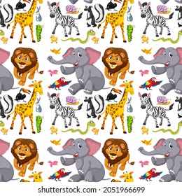 Patrón sin inconvenientes con un lindo personaje de dibujos animados de animales salvajes en la ilustración de fondo blanco