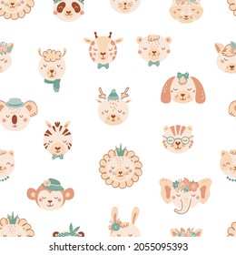 Seamless pattern with cute wild animals. Background with lion, dog, elephant, cat, tige, bear in flat style. Illustration for kids. Design for wallpaper, fabric, textiles, wrapping paper. Vector