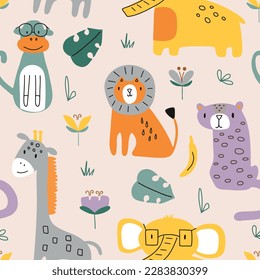 Patrón sin foco con lindos animales salvajes de forma infantil. Ilustración de Safari con león, jirafa, elefante, mono. Adecuado para el diseño de textiles para niños, papel de envolver, fondo.