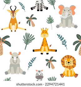 Seamless pattern with cute wild animals and tropical plants. Lion, zebra, rhinoceros, elephant, antelope and giraffe, palm trees, leaves. Children's textiles, wrapping paper, background.