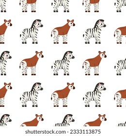 Seamless pattern with cute wild animals. Zoo animals zebra and okapi.