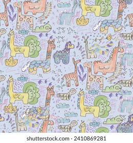 Seamless pattern with cute wild animals childish. Animals zoo with lion, zebra, crocodile, cat and giraffe. Suitable for design kid textile, wrapping paper, background. Kids animal characters.