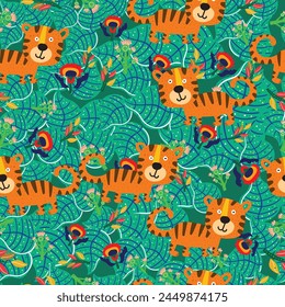 Seamless pattern with cute wild animals childish.