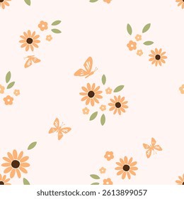 Seamless pattern with cute wild flower, green leaves and butterfly cartoons on pale orange color background vector.