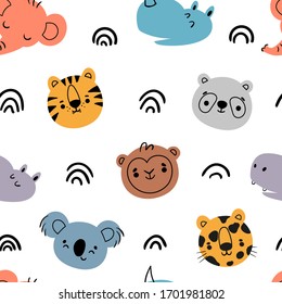 Seamless pattern with cute wild jungle  animal. Funny face. Tropical pattern with  tiger,  monkey, hippo, panda, leopard, rhinoceros, elephant. African safari . Kids print. Cartoon vector illustration