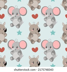 Seamless pattern with cute wild kid animal. African safari rino and elephant. . Vector illustration Scandinavian style flat design. Concept for kids, textile print, poster, card EPS