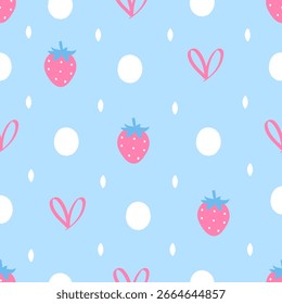 Patrón sin fisuras con lindas fresas silvestres, corazones y puntos. Diseño para tela, envoltura y estampados infantiles. Ilustración de fruta de Vector