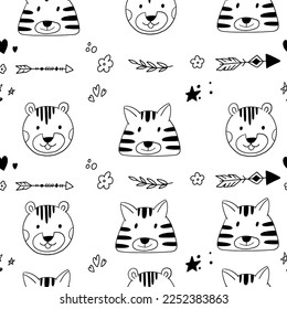 Seamless pattern with cute wild tigers for print, textile and baby wear. Vector illustration