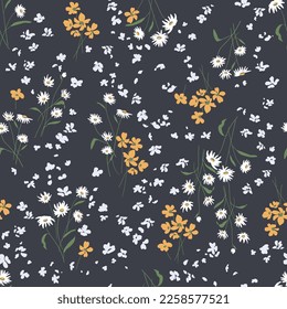 Seamless pattern with cute wildflowers on a dark background. Floral  background in liberty style. Hand drawn vector illustration for fashion print