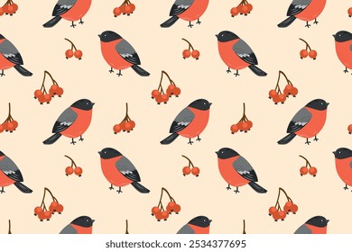 Seamless pattern with cute winter birds and berries. Bullfinch with a rowan branch. Winter red feather bird. Vector pattern with small forest birds. Flat style.