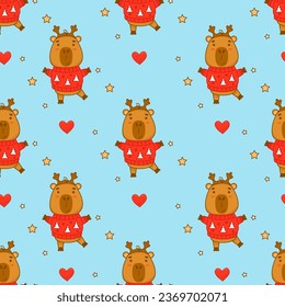 Seamless pattern. Cute winter capybara with Christmas sweater on blue background. Vector illustration for new year festive design, wallpaper, packaging, textile. kids collection