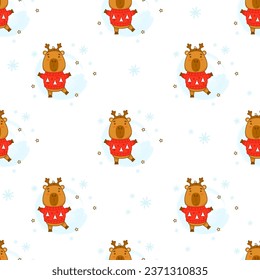 Seamless pattern. Cute winter capybara with Christmas sweater on white background with snowflakes. Vector illustration for new year festive design, wallpaper, packaging, textile. kids collection