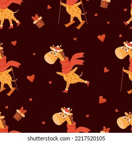Seamless pattern with cute winter giraffes. Animal in scarf skiing, skating on burgundy background with hearts. Vector illustration. Funny pattern for decor, design, print, wallpaper, kids collection