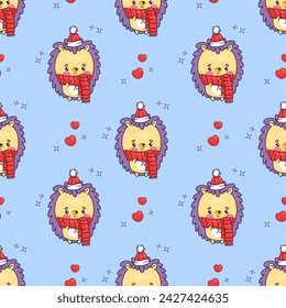 Seamless pattern with cute winter hedgehog character in scarf and hat on blue background. Vector illustration with funny cartoon kawaii animals. Kids collection