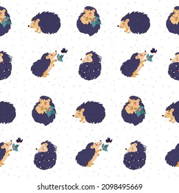 Seamless pattern with cute winter hedgehogs. Winter or Christmas illustration.