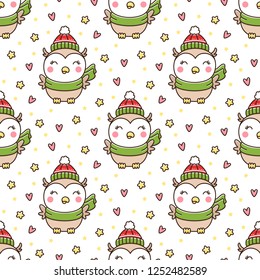 Seamless pattern with cute winter owl in a hat and scarf with stars and hearts. It can be used for packaging, wrapping paper, textile and etc.
