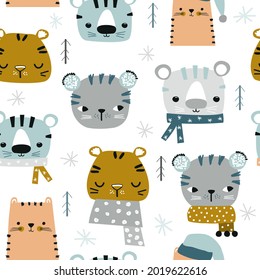 Seamless pattern with cute winter tigers. Holiday print. Vector hand drawn illustration.