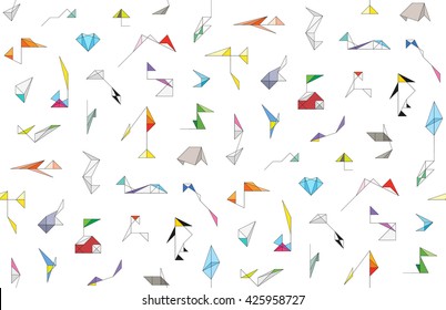 Seamless pattern with a cute wireframe origami toys and an abstract geometric shapes. Endless background texture for a textile products. Colorful wallpaper for children's room. Backdrop for web.