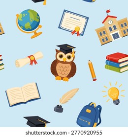 Seamless pattern with cute wise owl and school supplies